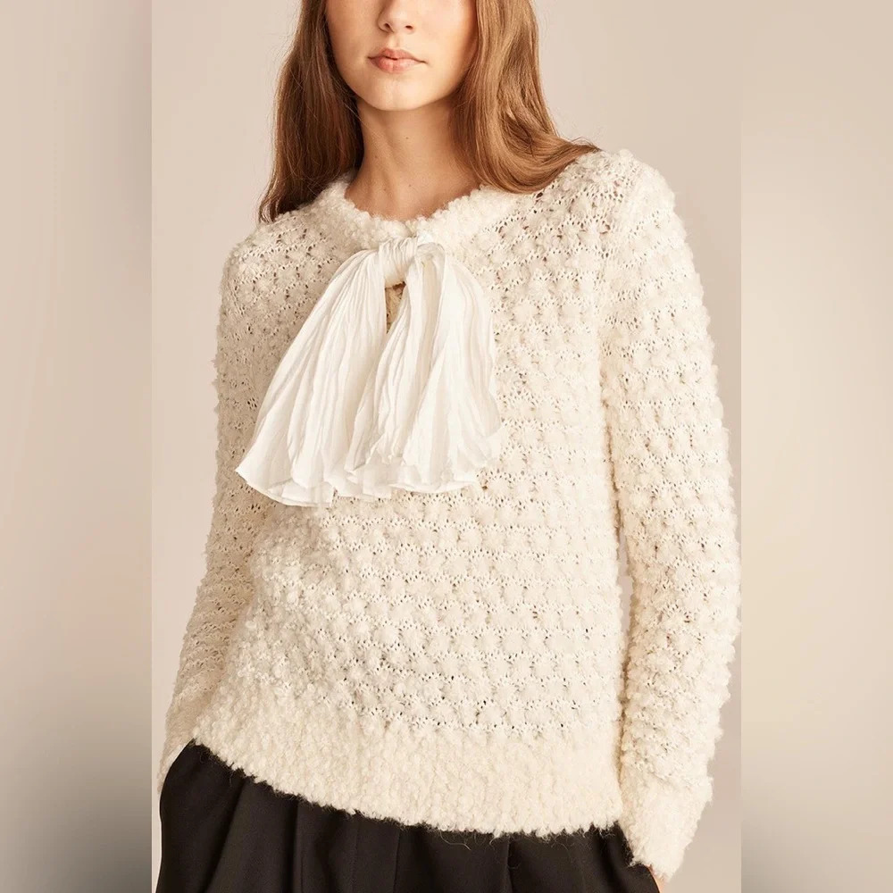 Rebecca Taylor Ivory Cotton Blend Feminine Whimsical Sweater Removable Bow L